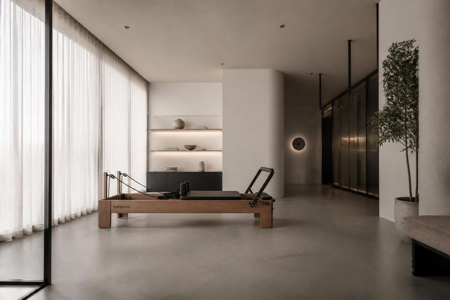 Interior minimalista do Studio Pilates Marina Gurgel em Piracicaba, com aparelho reformer sob luz natural